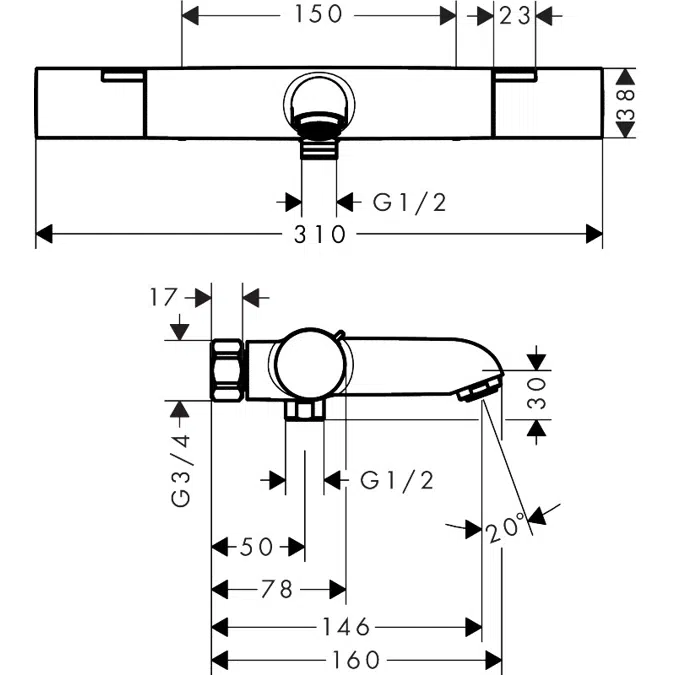 Ecostat Life Bath thermostat for exposed installation