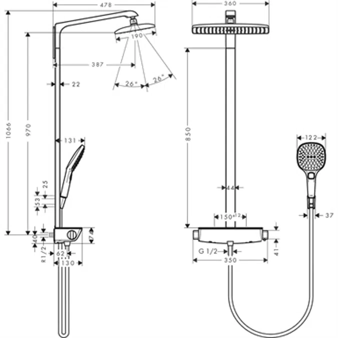 Raindance E Showerpipe 360 1jet EcoSmart 9 l/min with thermostat