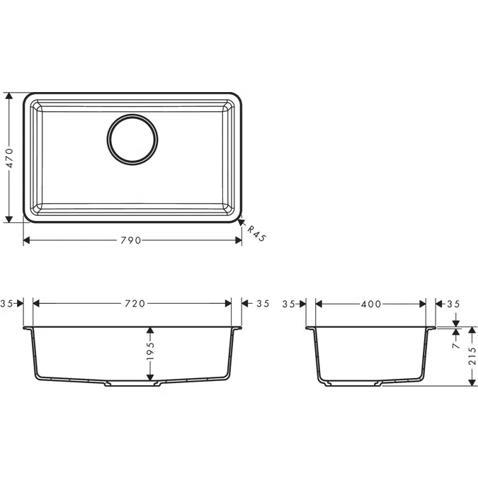 Xanuia Q Wash basin 550/480 with tap hole and overflow, DIY