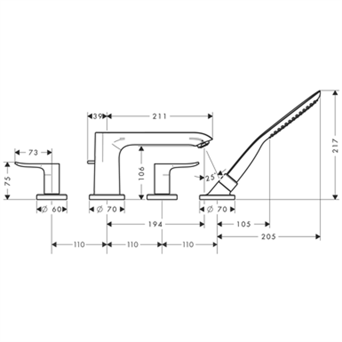 Metris 4-hole rim mounted bath mixer