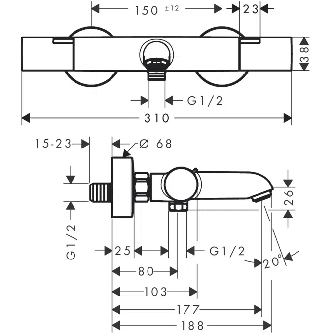 Ecostat Life Bath thermostat for exposed installation