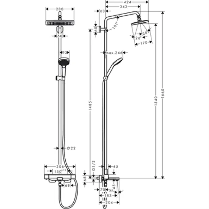 Croma E Showerpipe 280 1jet with bath thermostat