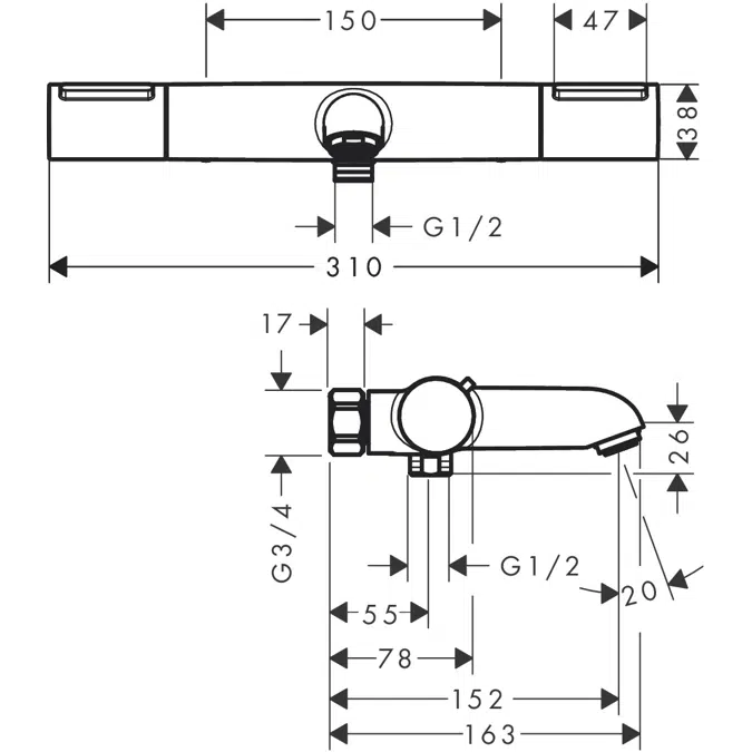 13349XXX Ecostat Element Bath thermostat for exposed installation 150cc Nordic
