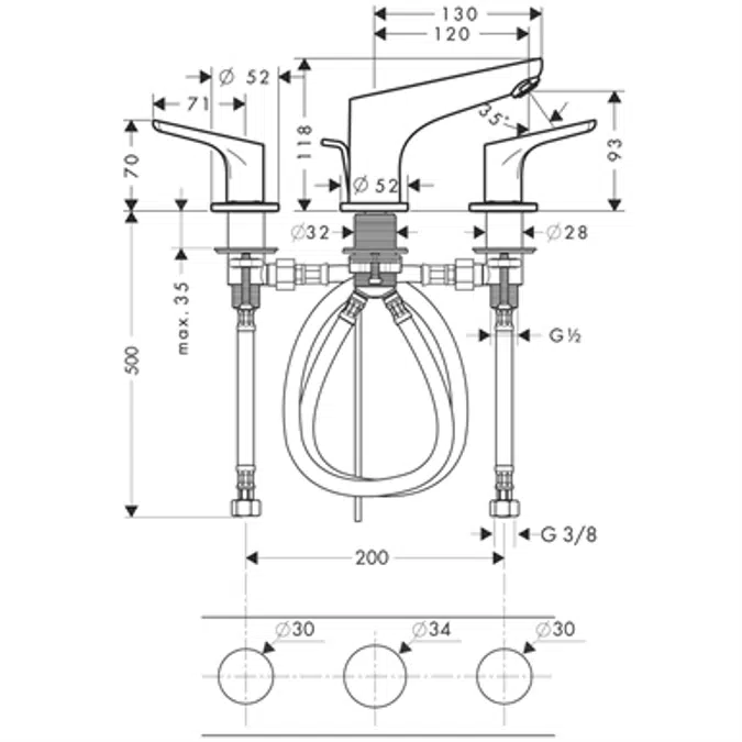 Focus 3-hole basin mixer 100 with pop-up waste set
