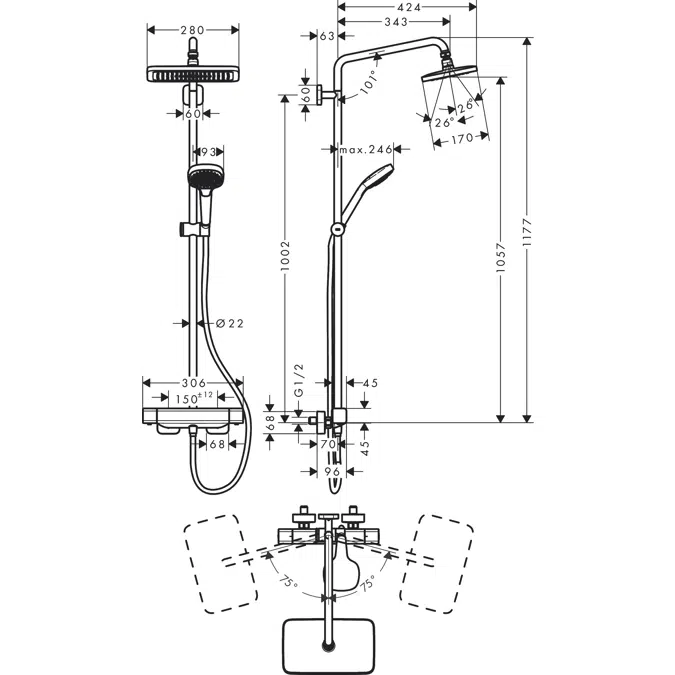Croma E Showerpipe 280 1jet with thermostat DZR