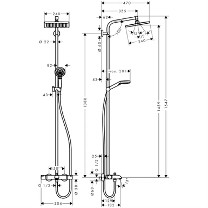 Crometta E Showerpipe 240 1jet with bath thermostat
