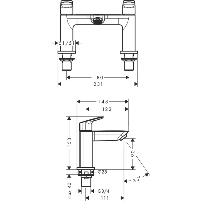 Logis 2-hole rim mounted bath mixer