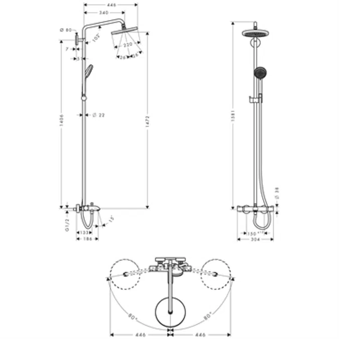 Croma Showerpipe 220 1jet with bath thermostat
