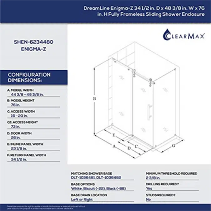 DreamLine Enigma-Z SHEN-6234480 Fully Frameless Sliding Shower Enclosure