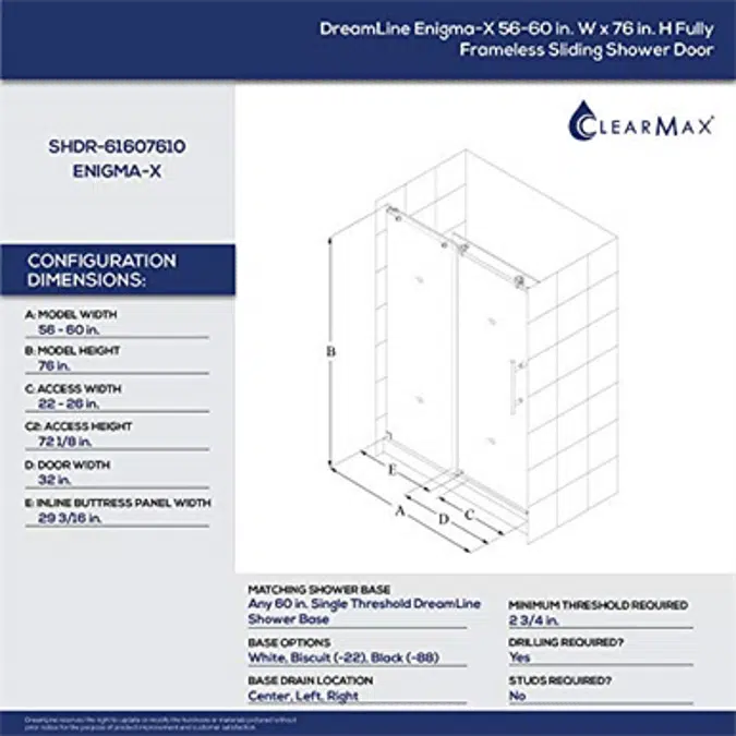 DreamLine Enigma-X SHDR-61607610 Fully Frameless Sliding Shower Door