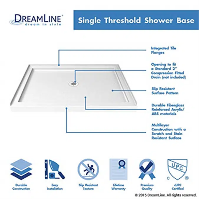 DreamLine SlimLine DLT-1136480 Center Drain Single Threshold Shower Base