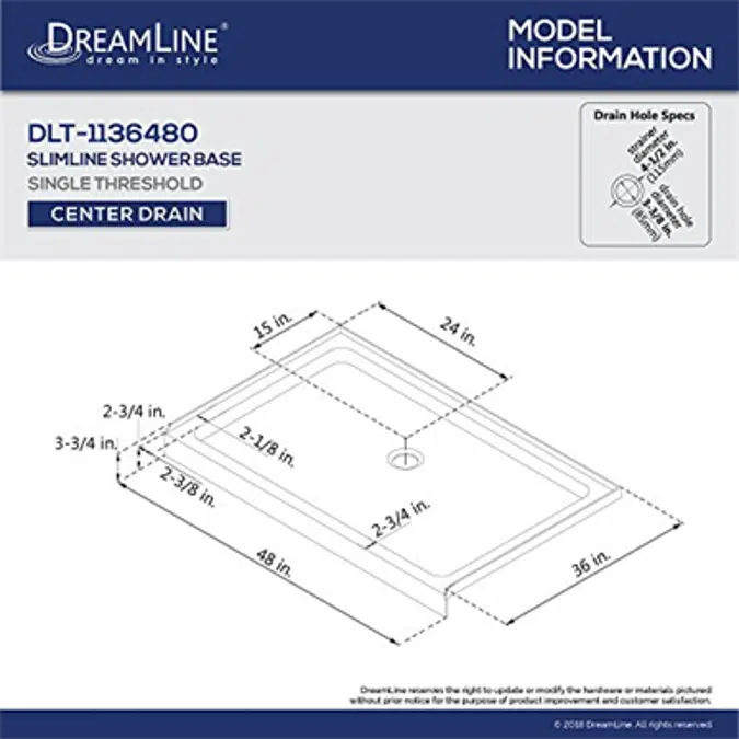 DreamLine SlimLine DLT-1136480 Center Drain Single Threshold Shower Base