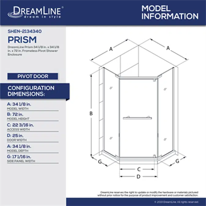 DreamLine Prism SHEN-2134340 Frameless Neo-Angle Pivot Shower Enclosure