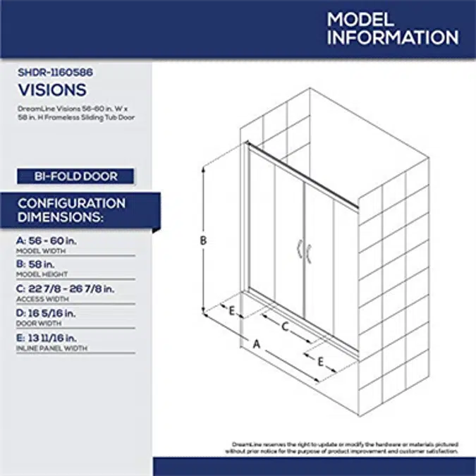 DreamLine Visions SHDR-1160586 Semi-Frameless Sliding Tub Door