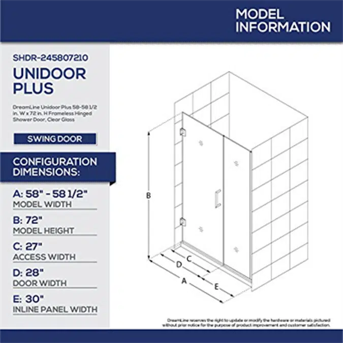 DreamLine Unidoor Plus SHDR-245807210 Frameless Hinged Shower Door