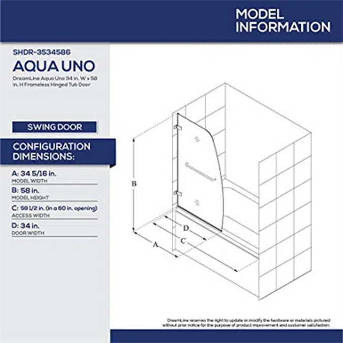 DreamLine Aqua Uno SHDR-3534586 Frameless Hinged Tub Door