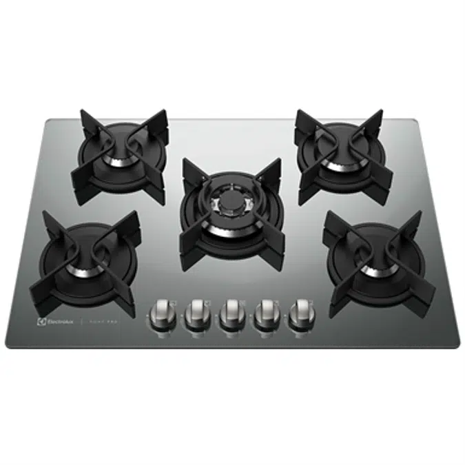 Gas hob with 5 burners, silver and glass table top