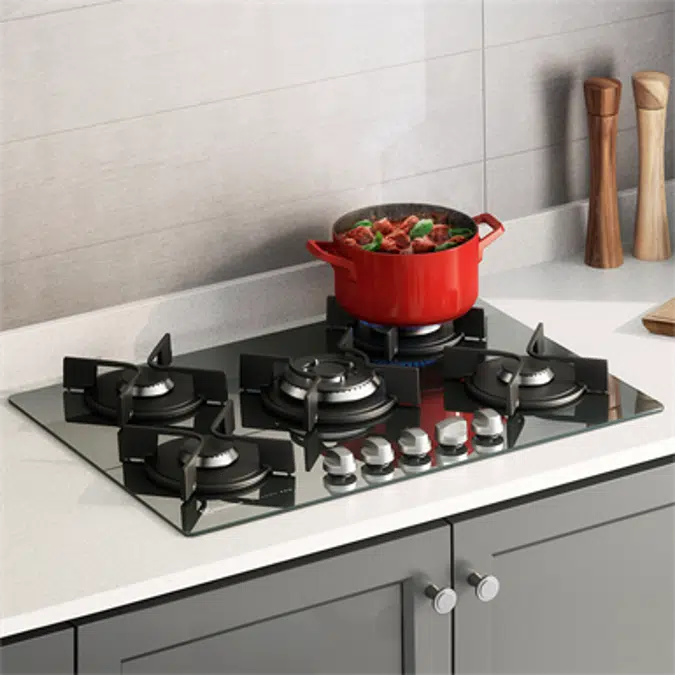 Gas hob with 5 burners, silver and glass table top