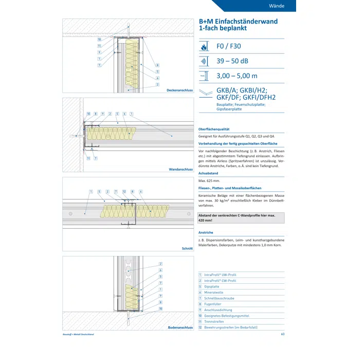 D-W50/75; EI30; 41dB; single metal stud frame, single-layer cladding