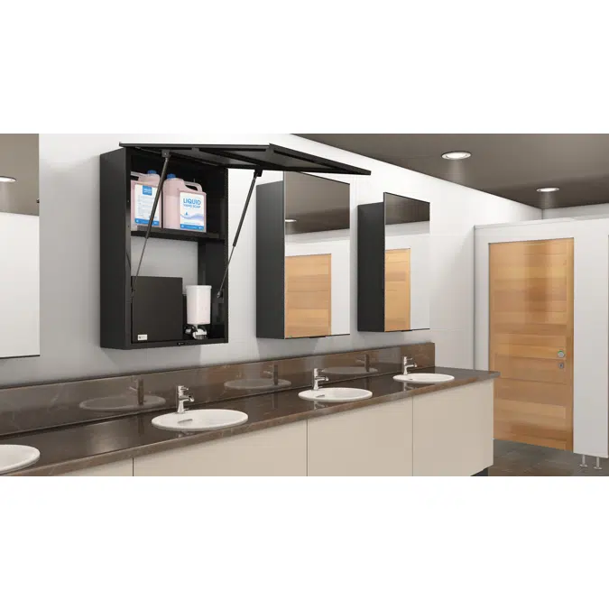 Recessed paper towel dispenser behind mirror in stainless steel 