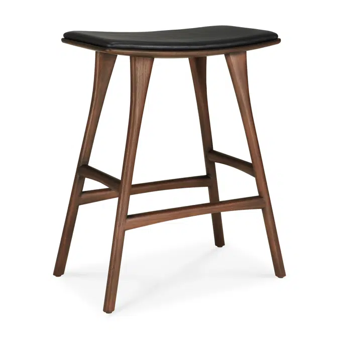 Osso counter stool - varnished teak - brown - Black leather - 57x33x69 cm