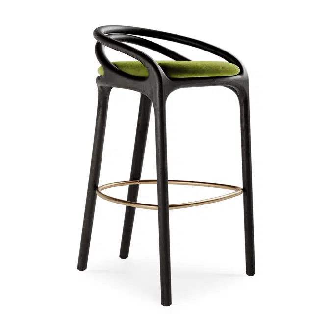 Aleta bar stool - varnished teak - dark brown - brass coloured metal - green velvet - 51 x 55 x 91 cm