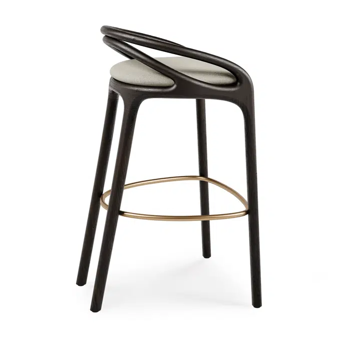 Aleta bar stool - varnished teak - dark brown - brass coloured metal - beige chenille - 51 x 55 x 91 cm