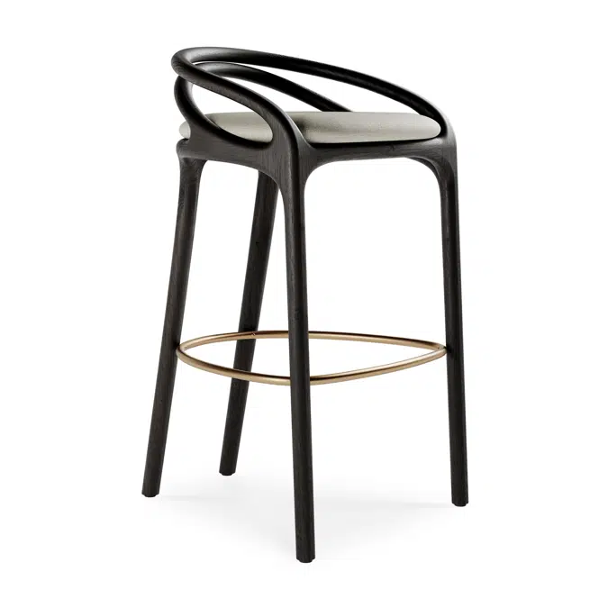 Aleta bar stool - varnished teak - dark brown - brass coloured metal - beige chenille - 51 x 55 x 91 cm