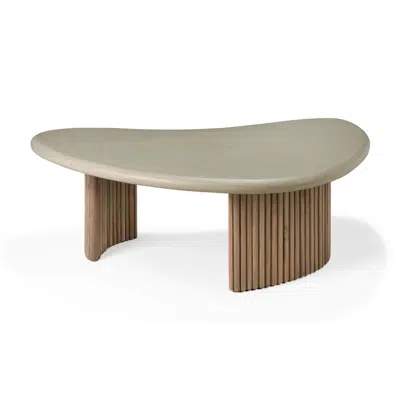 Boomerang outdoor coffee table - varnished concrete top - reclaimed teak base - Light Grey - pebble shape - 90x61x29 cm图像