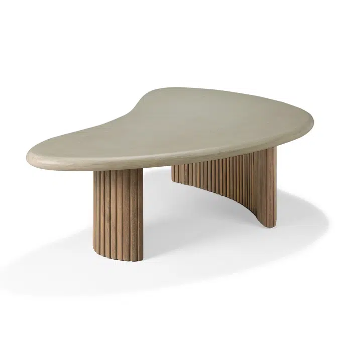 Boomerang outdoor coffee table - varnished concrete top - reclaimed teak base - Light Grey - pebble shape - 90x61x29 cm