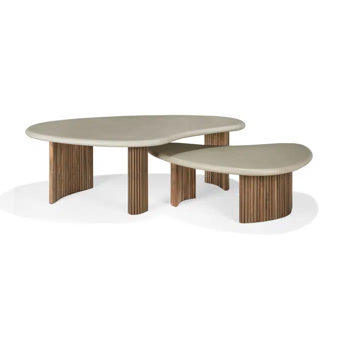 Boomerang outdoor coffee table - varnished concrete top - reclaimed teak base - Light Grey - pebble shape - 90x61x29 cm