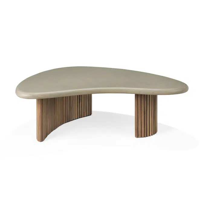 Boomerang outdoor coffee table - varnished concrete top - reclaimed teak base - Light Grey - pebble shape - 90x61x29 cm