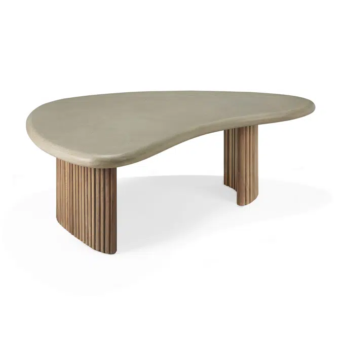 Boomerang outdoor coffee table - varnished concrete top - reclaimed teak base - Light Grey - pebble shape - 90x61x29 cm