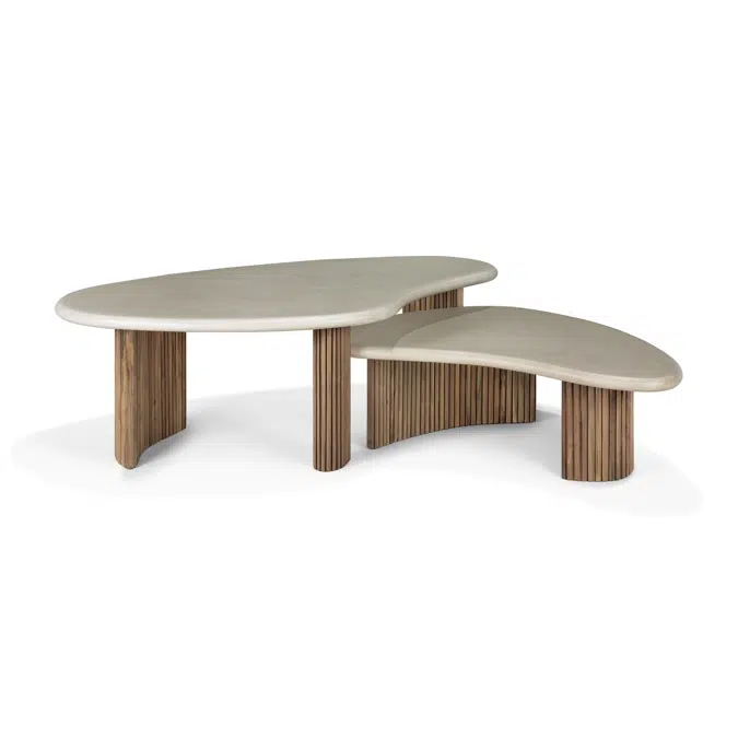 Boomerang outdoor coffee table - varnished concrete top - reclaimed teak base - Light Grey - pebble shape - 90x61x29 cm