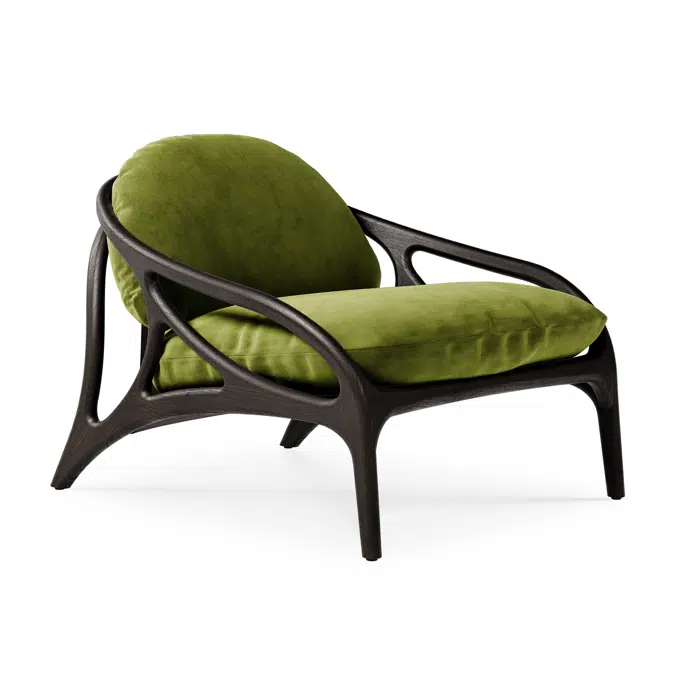 Vime lounge chair - varnished teak - dark brown - dark brown leather - green velvet - 84 x 93 x 69 cm