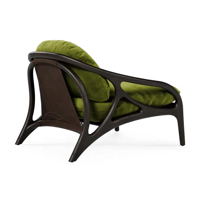 Vime lounge chair - varnished teak - dark brown - dark brown leather - green velvet - 84 x 93 x 69 cm