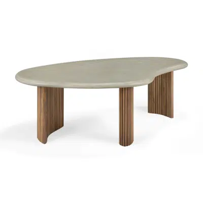 Boomerang outdoor coffee table - varnished concrete top - reclaimed teak base - Light Grey - pebble shape - 126x74x40 cm图像