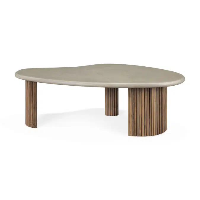 Boomerang outdoor coffee table - varnished concrete top - reclaimed teak base - Light Grey - pebble shape - 126x74x40 cm