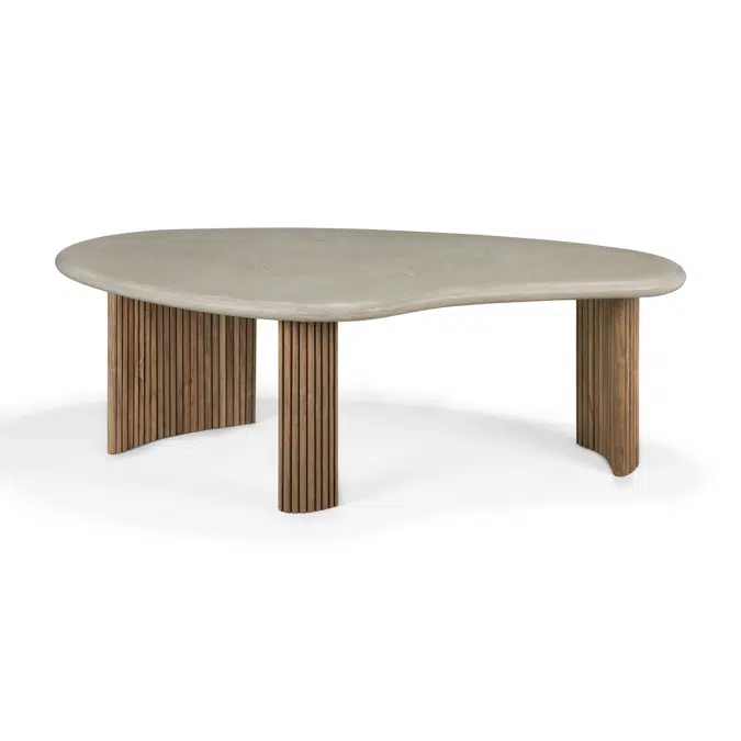 Boomerang outdoor coffee table - varnished concrete top - reclaimed teak base - Light Grey - pebble shape - 126x74x40 cm