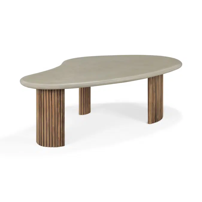 Boomerang outdoor coffee table - varnished concrete top - reclaimed teak base - Light Grey - pebble shape - 126x74x40 cm