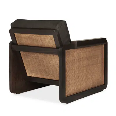 Image for Panel lounge chair - varnished teak - dark brown - rattan Roasted - Grey linen - 74x82x72 cm