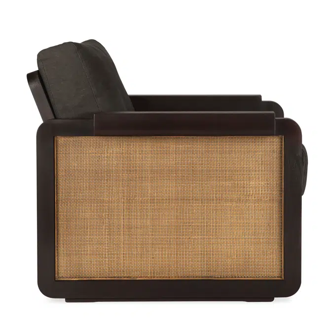 Panel lounge chair - varnished teak - dark brown - rattan Roasted - Grey linen - 74x82x72 cm