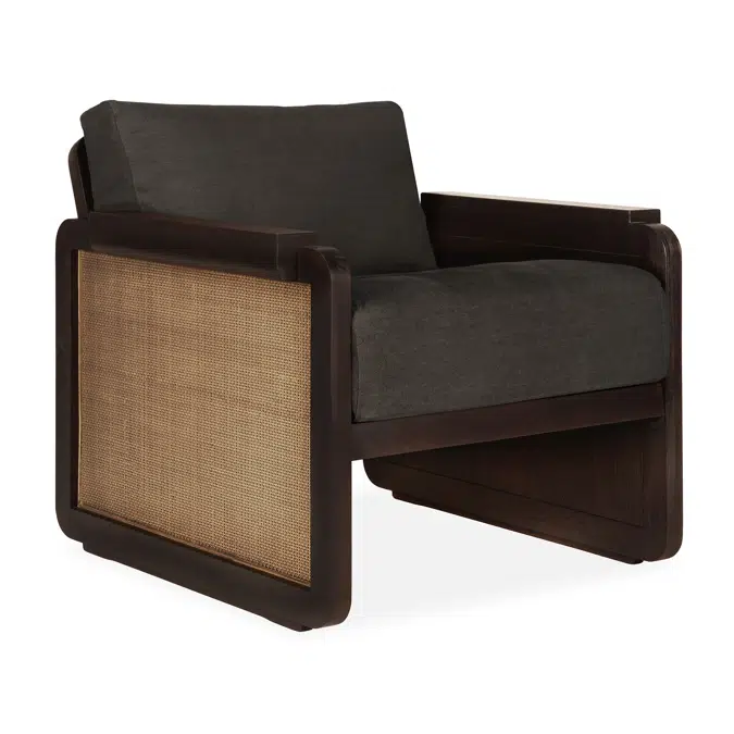 Panel lounge chair - varnished teak - dark brown - rattan Roasted - Grey linen - 74x82x72 cm