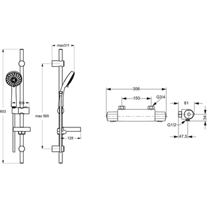 NIMBUS THERMOSTATIC SHOWER MIXER EXPOSED 150MM CHROME & KIT