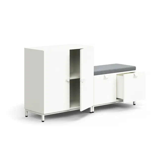 Storage unit QBUS, cabinet + storage bench, leg frame, handles, 868x1600x420 mm , grey cushion