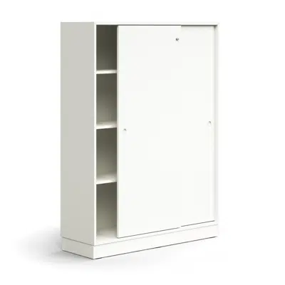 Lockable sliding door cabinet QBUS, 3 shelves, base frame, handles, 1636x1200x400 mm