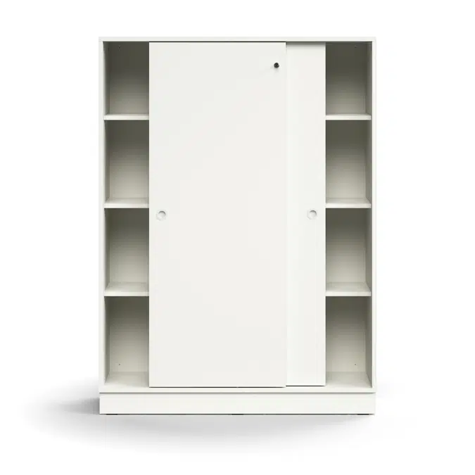 Lockable sliding door cabinet QBUS, 3 shelves, base frame, handles, 1636x1200x400 mm