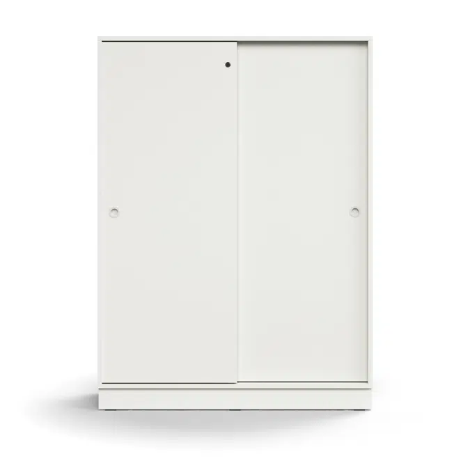 Lockable sliding door cabinet QBUS, 3 shelves, base frame, handles, 1636x1200x400 mm