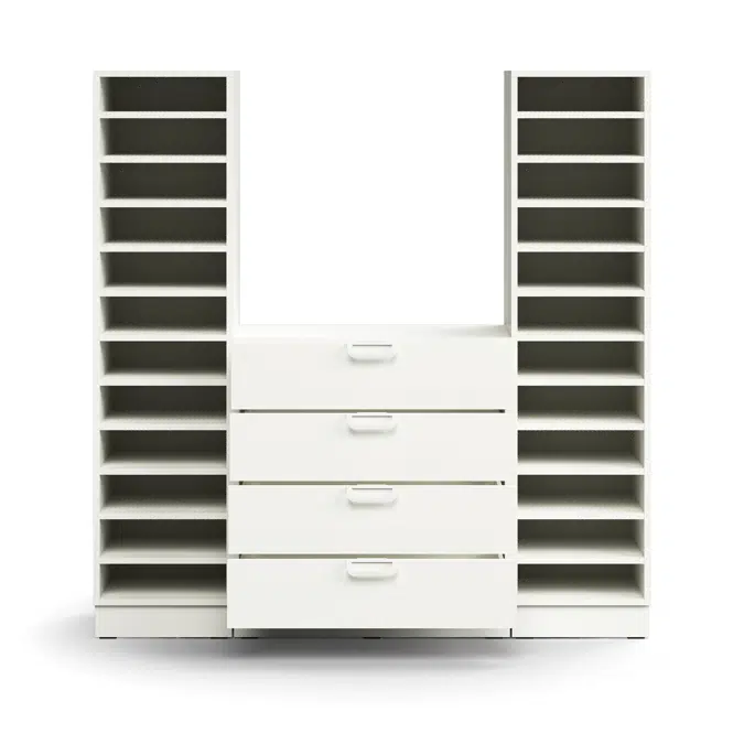 Pigeon hole unit QBUS, 22 shelves + 4 drawers, base frame, 1636x1600x420 mm