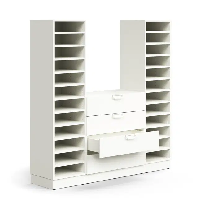 Pigeon hole unit QBUS, 22 shelves + 4 drawers, base frame, 1636x1600x420 mm